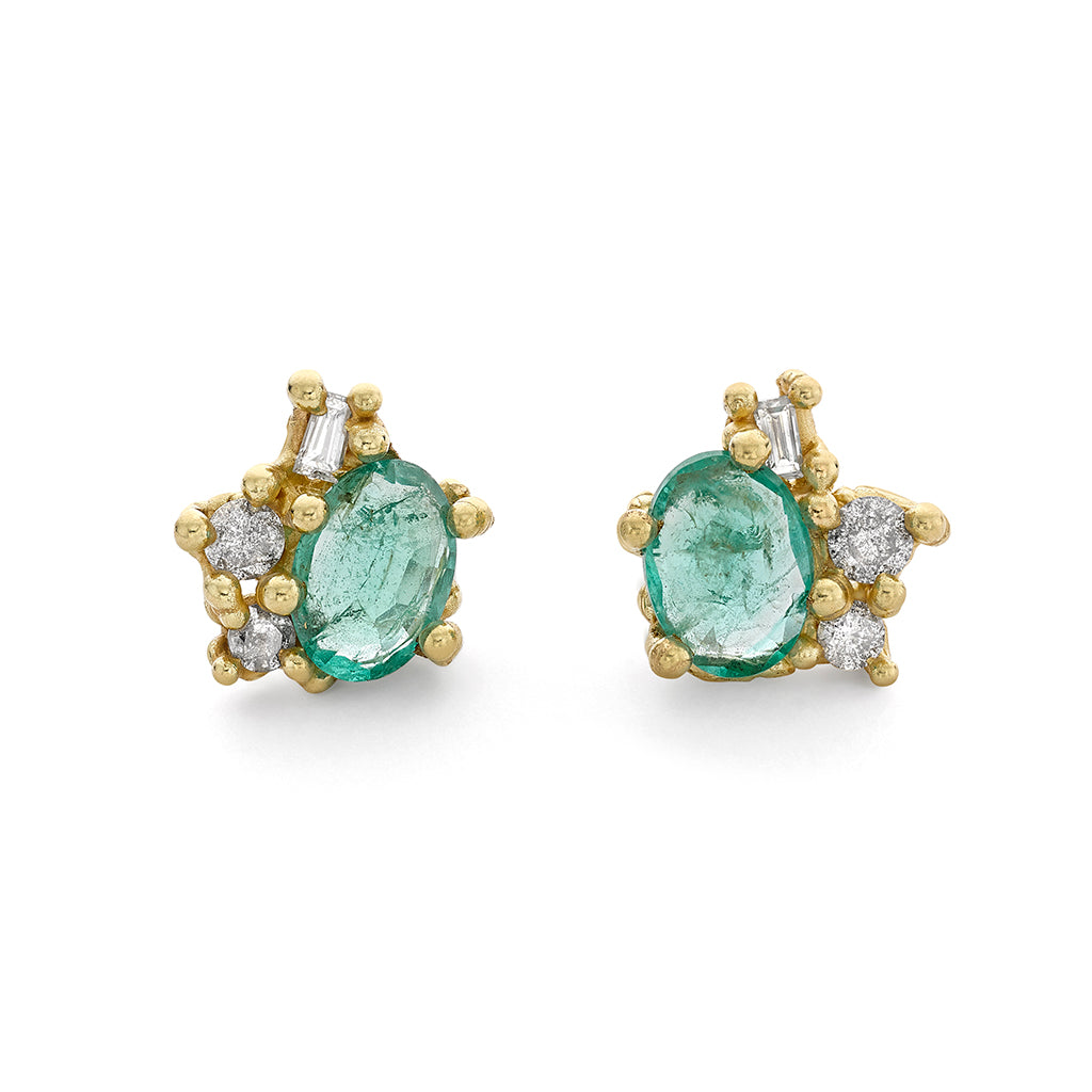 Emerald and Diamond Sweeping Cluster Studs from Ruth Tomlinson, handcrafted in London