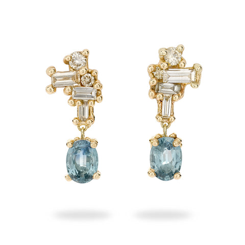 Mixed diamond and blue sapphire drop earrings from Ruth Tomlinson, handmade in London