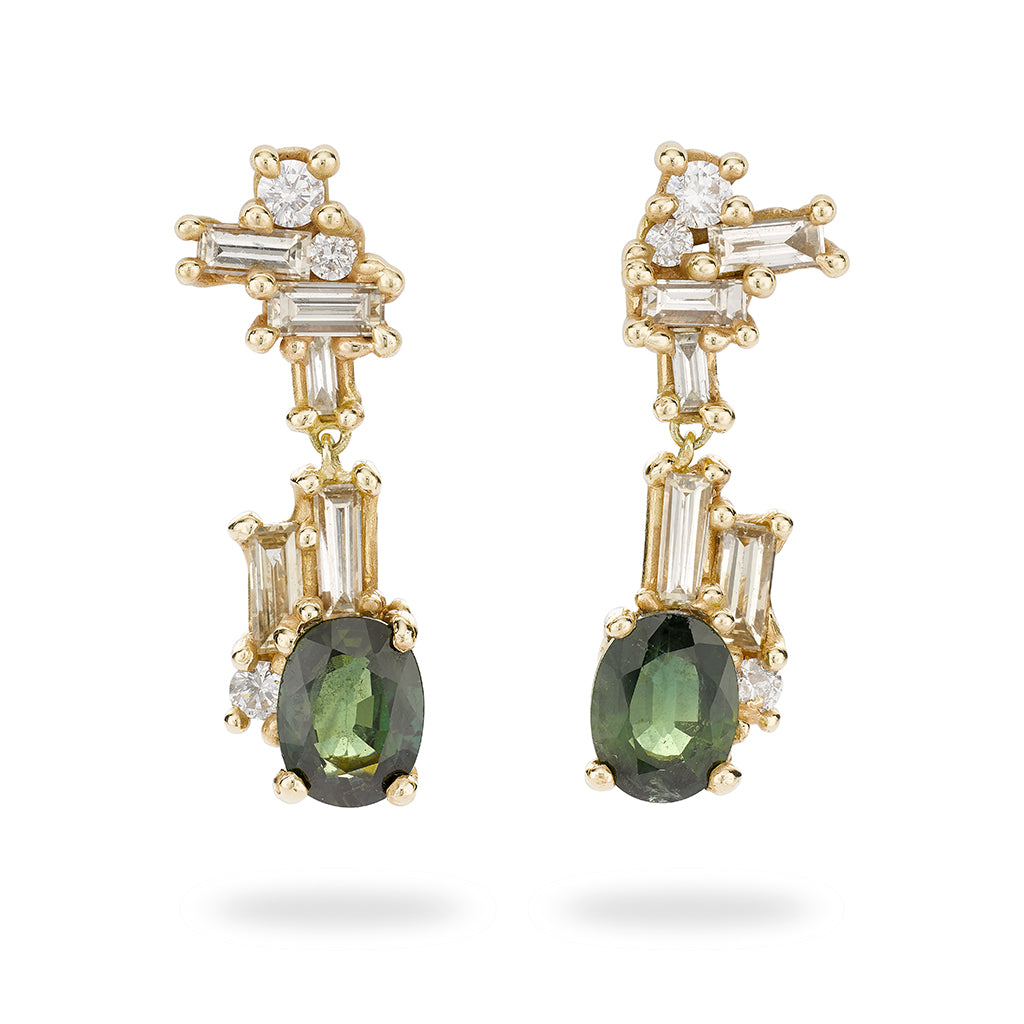 Mixed diamond and green sapphire cluster drop earrings from Ruth Tomlinson, handmade in London