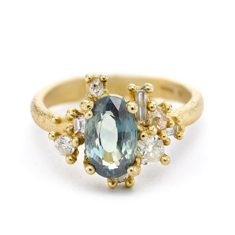 Sapphire and Diamond Sweeping Cluster Ring From Ruth Tomlinson, handmade in London