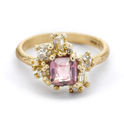 Radiant Cut Pink Sapphire and Diamond Sweeping Cluster Ring from Ruth Tomlinson, handmade in London