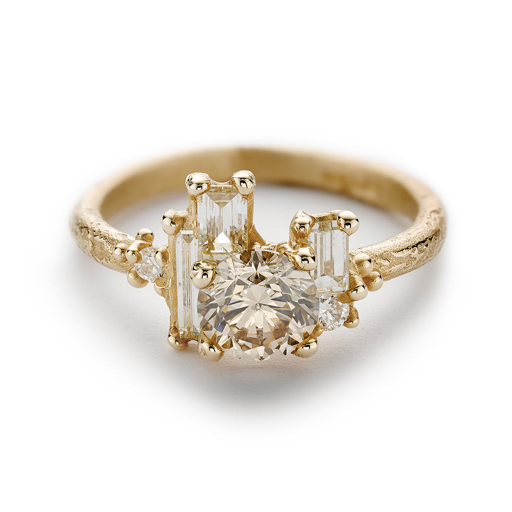 Champagne and white diamond cluster engagement ring from Ruth Tomlinson, handmade in London