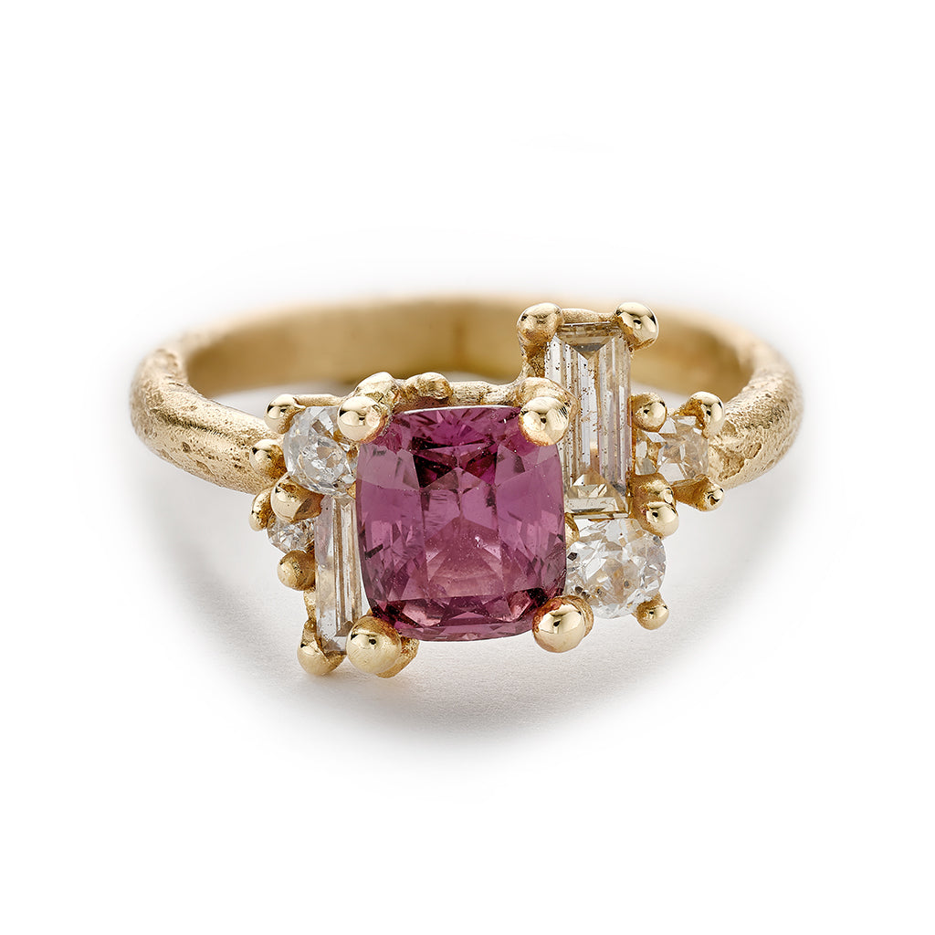 Pink sapphire and mixed diamond cluster engagement ring from Ruth Tomlinson, handmade in London