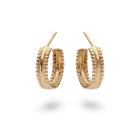 Intricate gold hoop earrings from Ruth Tomlinson, handmade in London