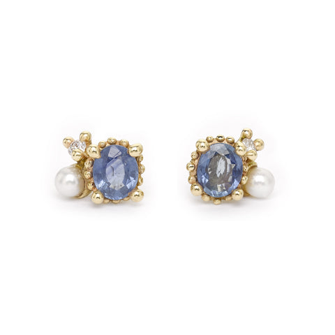 Sapphire, pearl and diamond studs from Ruth Tomlinson, handmade in London