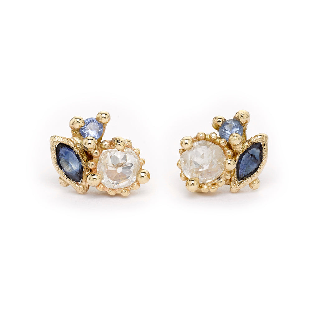 Antique cut diamond and sapphire cluster studs from Ruth Tomlinson, handmade in London