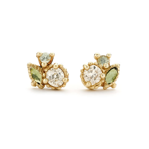 Champagne diamond and green sapphire studs from Ruth Tomlinson, handmade in London