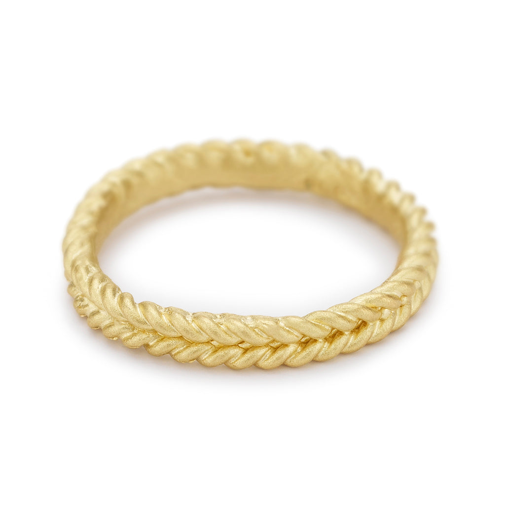 Yellow gold woven rope wedding band or stacking ring by Ruth Tomlinson, handmade in London