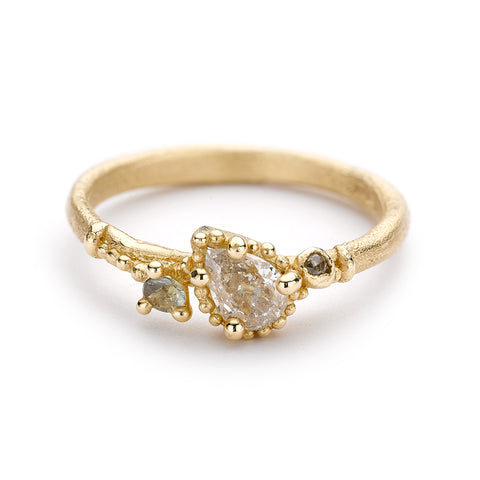 Pear shaped champagne diamond solitaire ring from Ruth Tomlinson, handmade in London