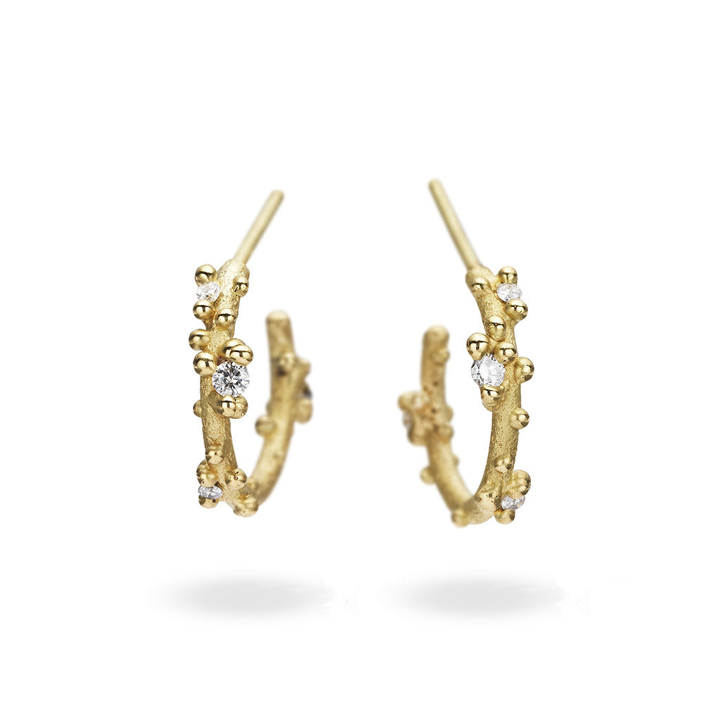 Yellow gold and diamond hoop earrings from Ruth Tomlinson, handmade in London