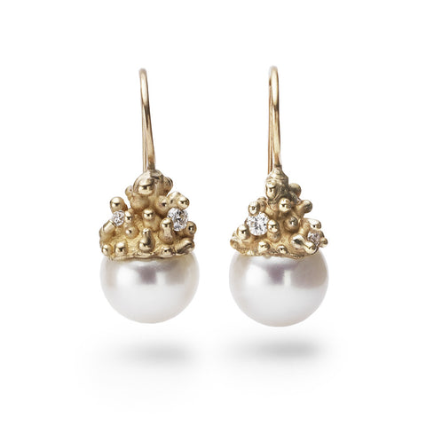 Pearl and diamond drop earrings in yellow gold by Ruth Tomlinson, handmade in London