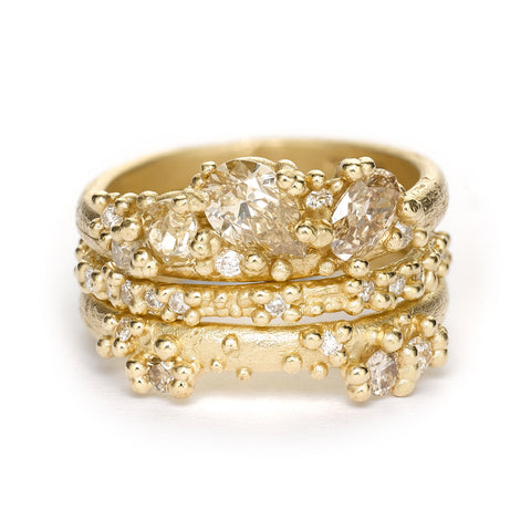 Champagne diamond ring stack from Ruth Tomlinson, handmade in London
