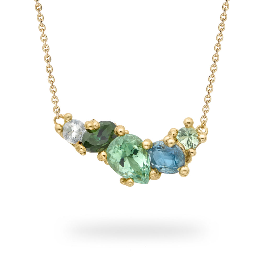 Tourmaline and Sapphire Cluster Bar Necklace from Ruth Tomlinson, handcrafted in London
