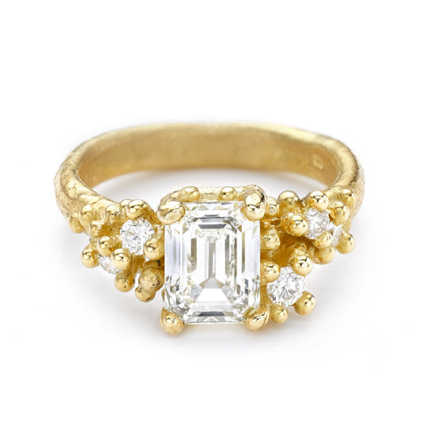 Emerald Cut Diamond Ring with granules and white diamonds from Ruth Tomlinson, handmade in London