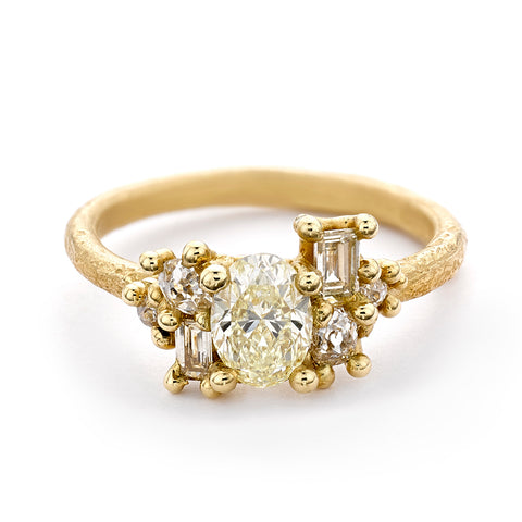 Yellow diamond radiant cluster ring by Ruth Tomlinson, handmade in London
